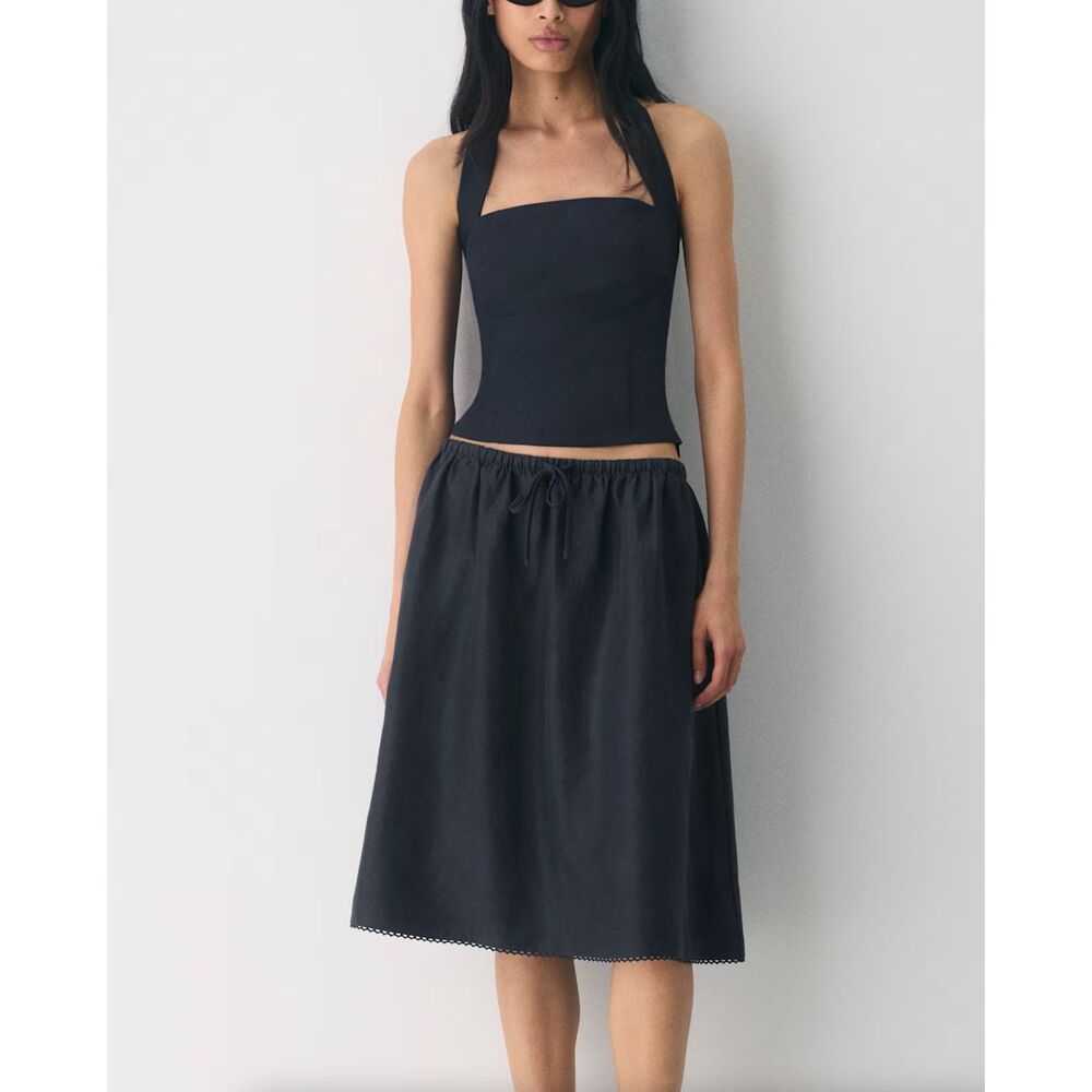 WILFRED Aritzia Levity Skirt Cruise Dark Night Navy Linen Midi Skirt Women Small